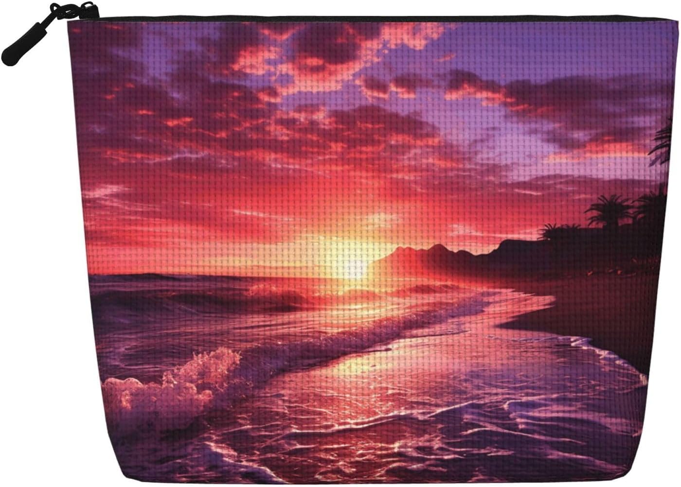 Fake Hemp Makeup Bag Multi-Purpose Purse Bag Travel Portable Pencil Bags for Women Men Pink Beach Sunset Cosmetic Bags with Zipper Pencil Pouch Aesthetic Coin Pouch Desk Organizer
