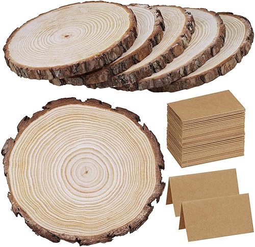 6 piezas de 8 a 11 pulgadas de ancho grandes rebanadas de madera redonda natural con corteza de pino rebanadas de madera de pino con 50 tarjetas de