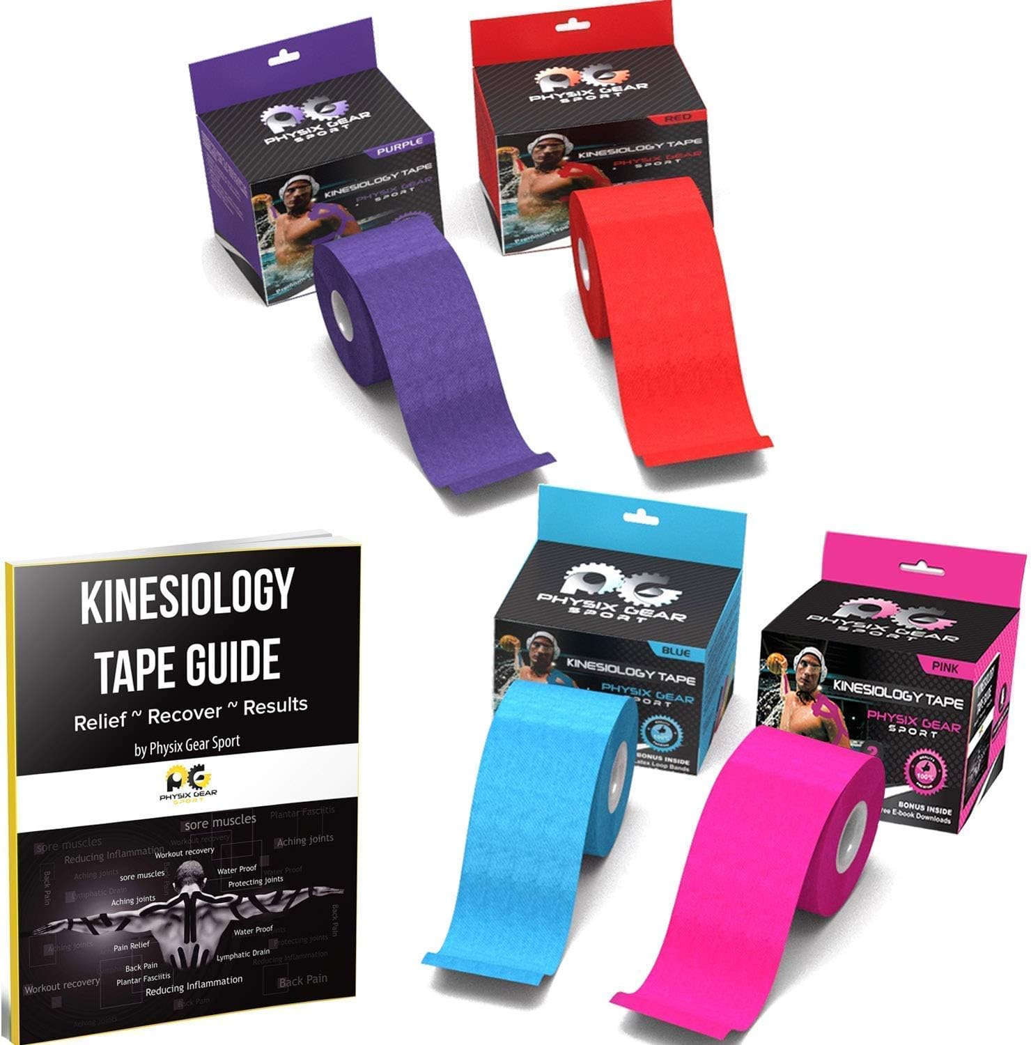 Physix Gear Sport 4 Rolls of Kinesiology Athletic Tape and eGuide (Red + Purple + Blue + Pink)