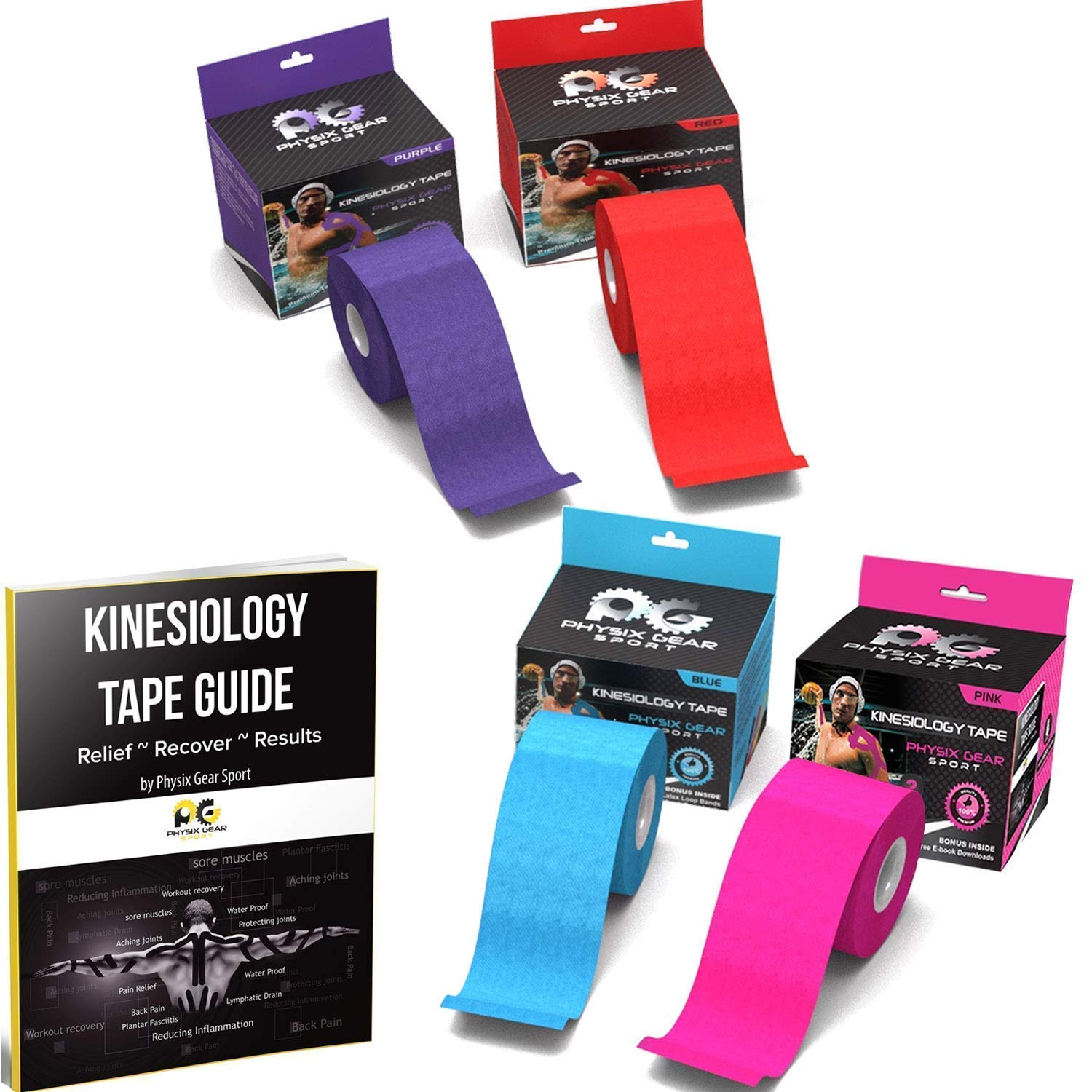 Physix Gear Sport 4 Rolls of Kinesiology Athletic Tape and eGuide Red Purple Blue Pink