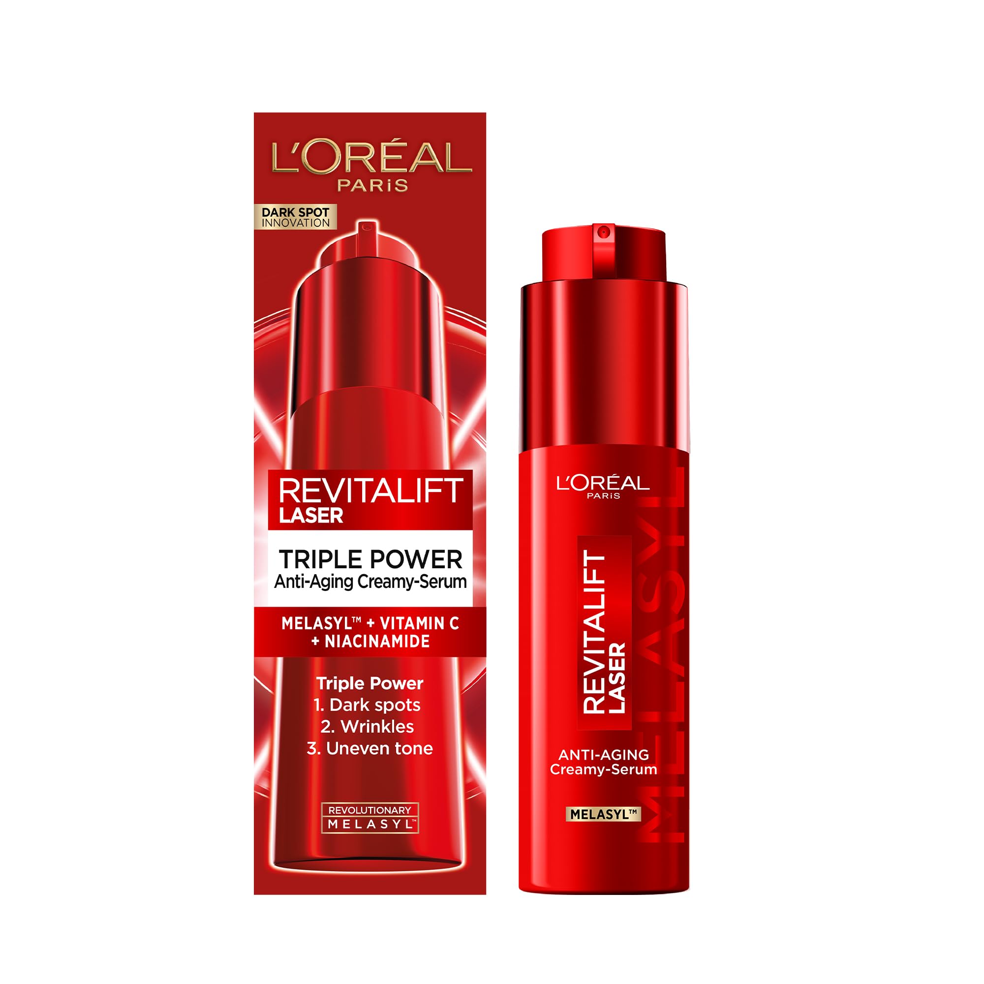 L'Oréal Paris Siero in Crema Anti Età Tripla Azione su Rughe, Macchie e Luminosità, Con Vitamina C, Niacinamide e Melasyl, Revitalift Laser Melasyl, 50ml