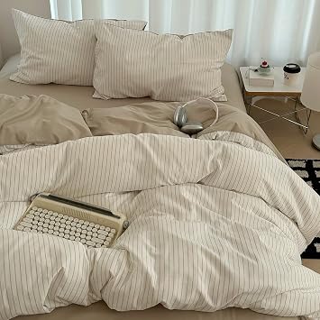 Nayoroom Brown Striped Duvet Cover Queen Size 100% Washed Cotton Duvet Cover Linen Like Textured, Reversible 3 Pieces Soft Breathable Yarn-Dyed Stripe Girls Dorm Bedding Set for All Seasons