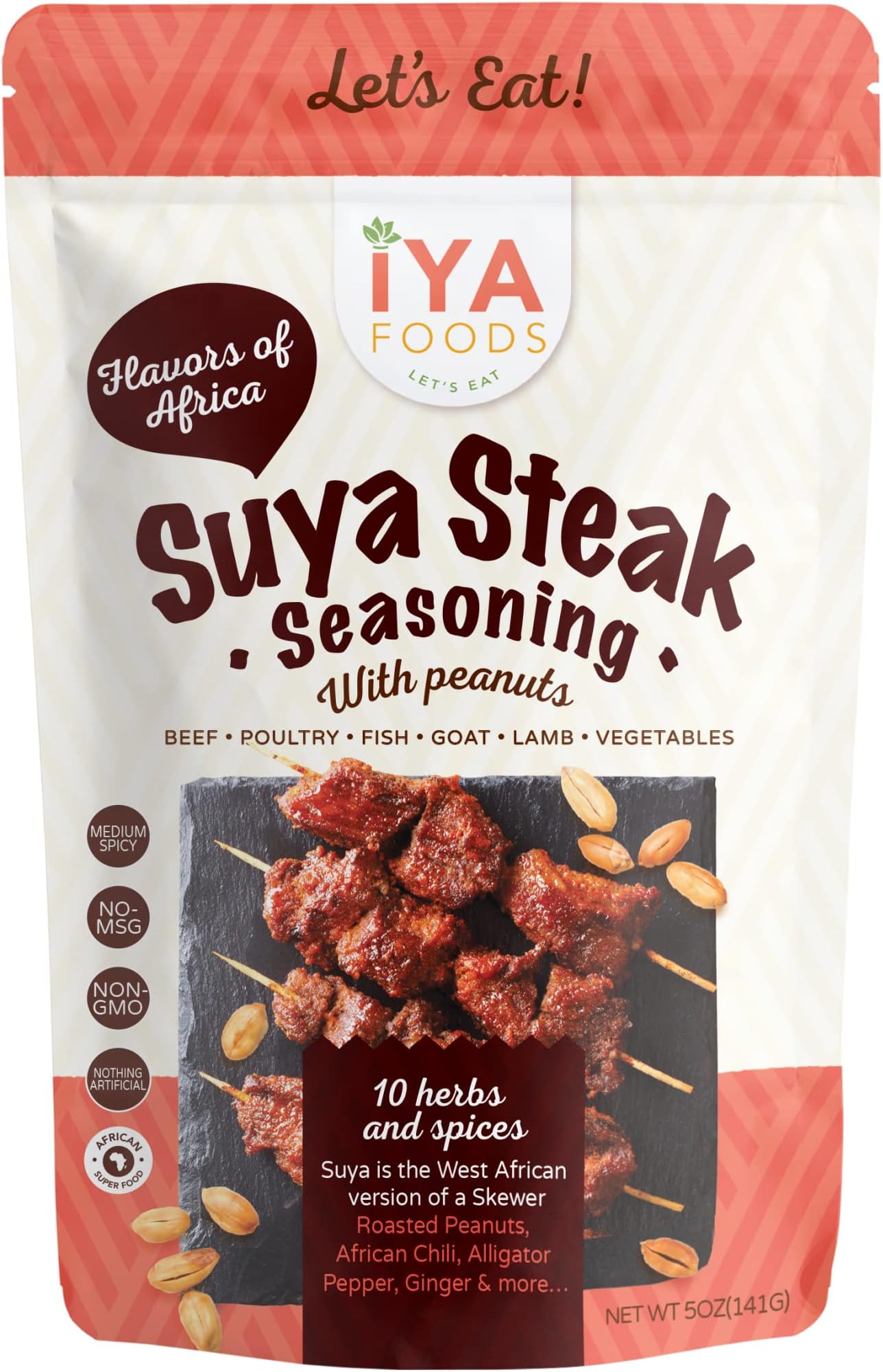 Iya Foods Steak Suya Seasoning With Roasted Peanuts - All Purpose Seasoning, No MSG or Preservative - Real Herbs & Spices for Beef Skewers - 5 oz Pack of 2