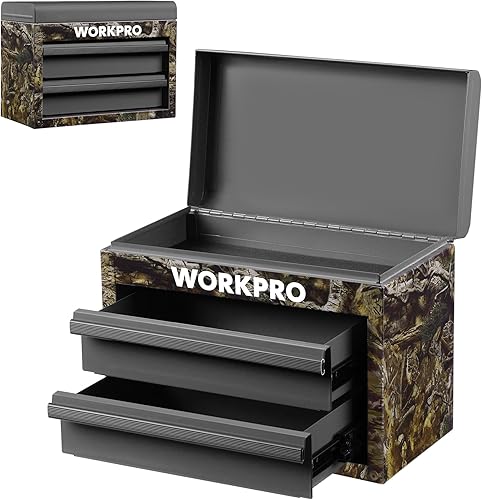 WORKPRO Mini caja de herramientas de metal, caja de herramientas superior que contiene dos cajones con deslizadores de rodamientos de bolas, forros