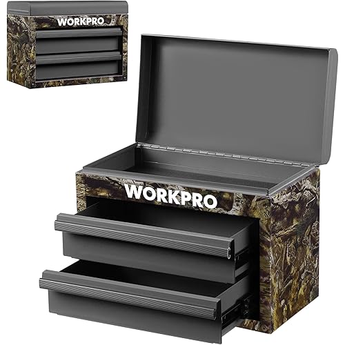 WORKPRO Metal Mini Tool Box, Top Tool Chest containing Two Drawers with Ball Bearing Slides, PVC Drawer Liners and PP Feet Pads, Durable Cold Rolled Steel Small Toolbox for Multi-Purpose Storage