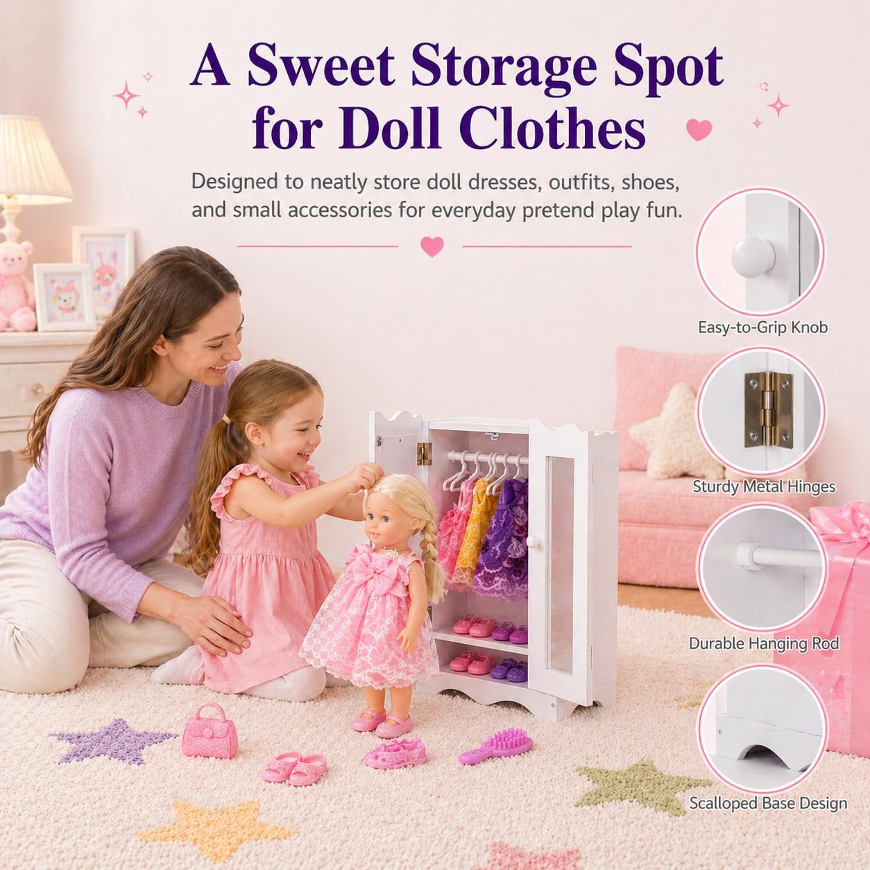 Wooden Baby Doll Closet with 6 Hangers, Doll Clothes Storage Wardrobe for 12-16 Inch Doll Clothes & Accessories, Baby Doll Furniture, White