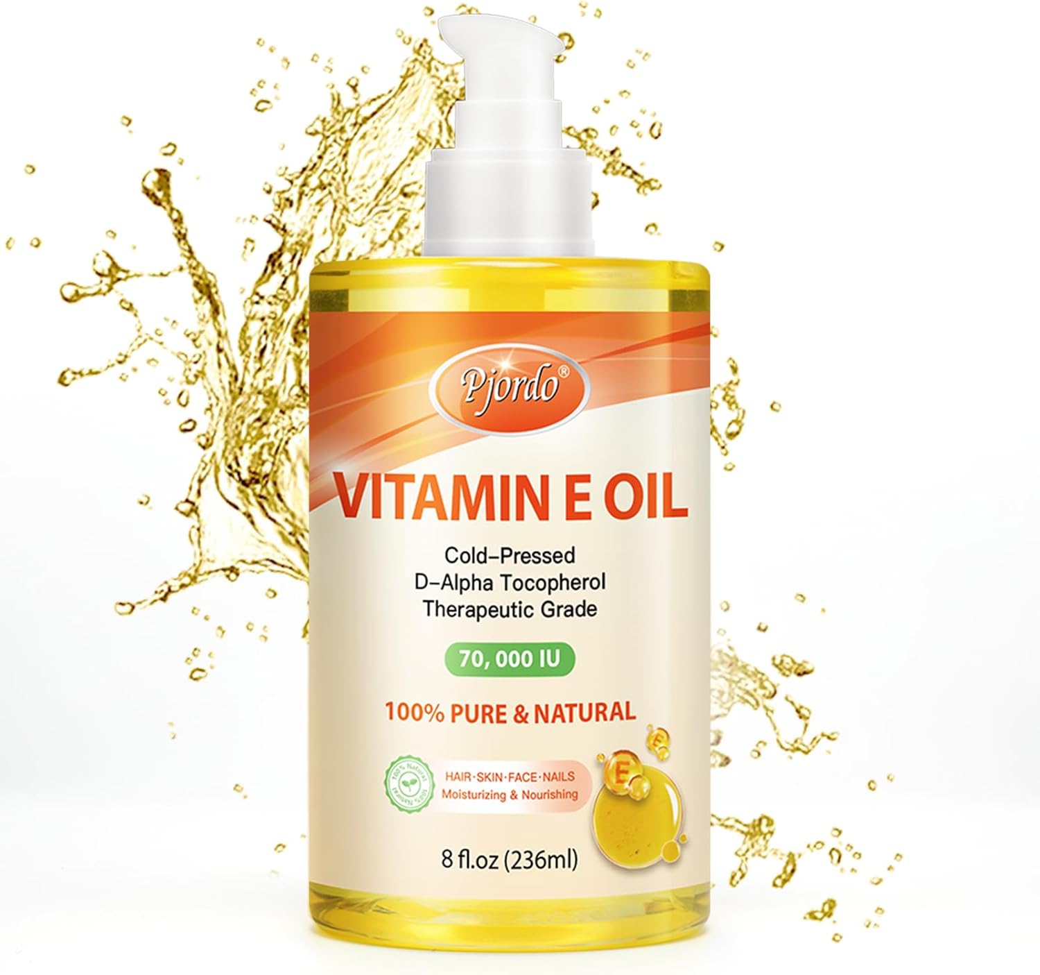 100% Pure Vitamin E Oil, 70,000 IU Organic Vitamin E for Scars, Skin, Face, Nails & Hair, Cold-Pressed Body Oil Nourishes & Moisturizes All Skin Types for Improving Skin Texture