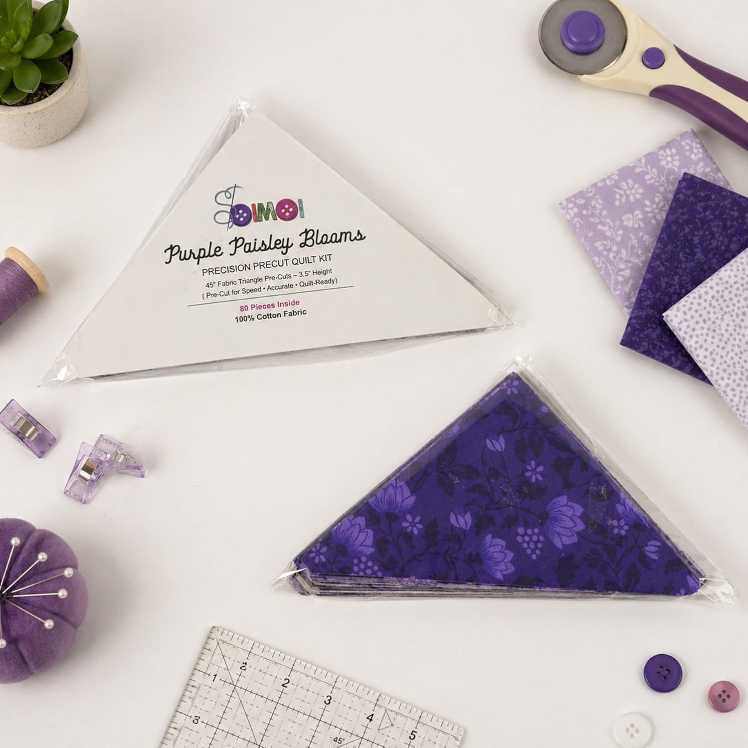Soimoi 80 Pcs Precut Fabric Triangles for Quilting - 100% Cotton - Slightly Starched for Precision Piecing - 3.5" Height 45 Degree Quilting Triangles with Trimmed Dog Ears