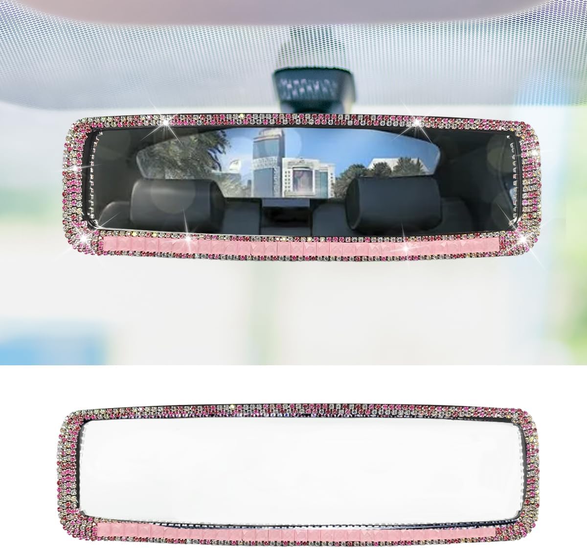 Bling Car Rear View Mirror, Clip-On Rhinestone Car Rearview Mirror with Crystal Diamonds, HD Glass Auto Interior Rear View Mirrors, Auto Decoration Accessories for Women Men Teens (Pink)