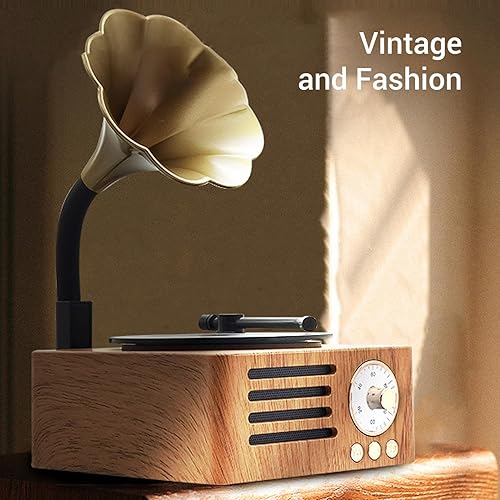 Miniatura 4 de Tocadiscos vintage, tocadiscos portátil de grano de madera con cuerno de cobre, función de radio FM, altavoz Bluetooth compacto, para