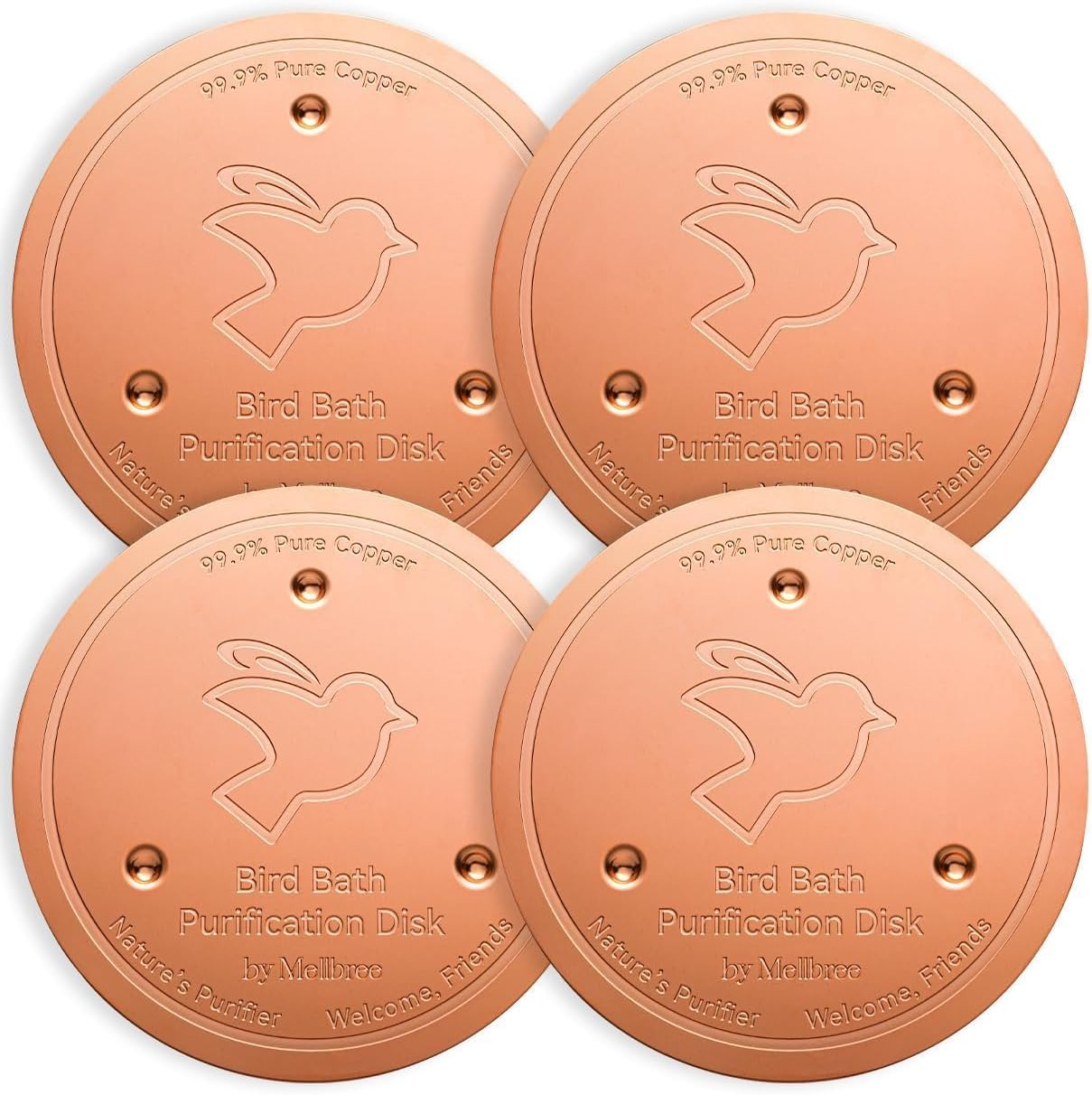 Mellbree 4-Pack Premium Copper Cleaning Discs, 0.6mm Thick 99.99% Pure Copper with Stable Triple-Point Support, All-Season Physical Water Care for Bird Baths