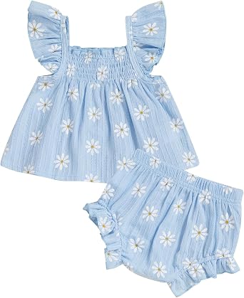 Gaono Summer Baby Girl Clothes Daisy Flower Fly Sleeveless Smocked Tops Ruffle Bloomer Shorts 2 Piece Set Cute Boho Outfit