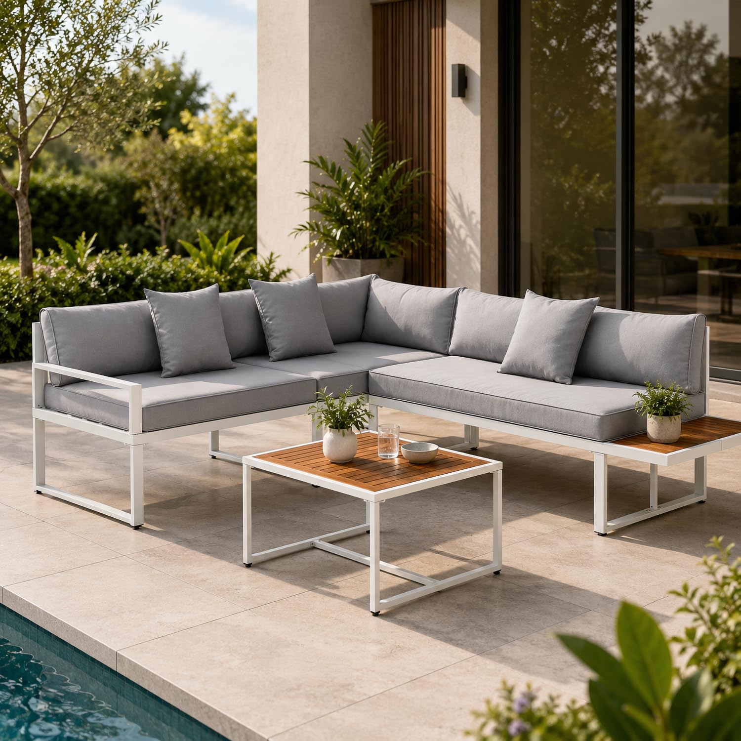 Juskys set di mobili St. Tropez - Per 4 persone - Tavolo, divano angolare e cuscini - Per balcone e giardino - Legno e bianco