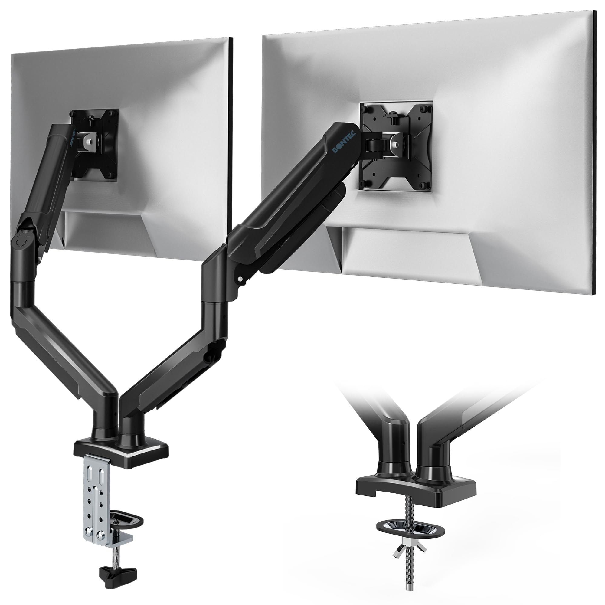 BONTEC Dual Monitor Stand, Adjustable Gas Spring Arms Monitor Desk Mount for 13-32 Inch Screens, VESA 75 & 100mm, 9KG Max Load, C Clamp, Grommet Base, Tilt, Swivel, 360° Rotation, Ergonomic DesignRecycled Claim Standard Blended