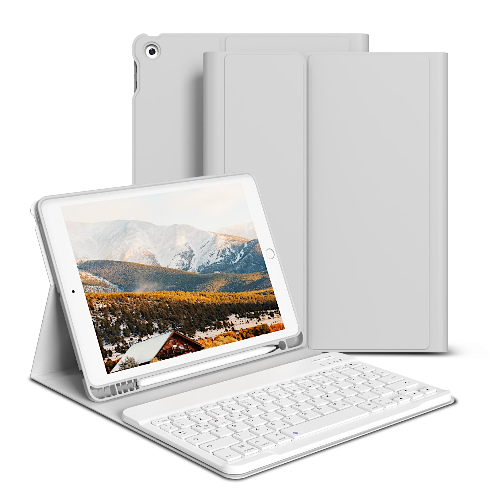 GKABXY hülle mit Tastatur für iPad 9/8/7 Generation (2021/2020/2019) 10,2 Zoll, weiche TPU-Rückseite mit Stifthalter, QWERTZ Layout, magnetische abnehmbare Bluetooth Tastatur, Grau