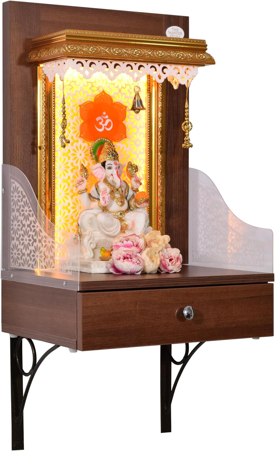 The Mandir Store Wooden Mandir/Home Temple/Mandir for Home L40 cm x W30 cm x H60 cm Satin Walnut Color with Wall Hanging Brackets