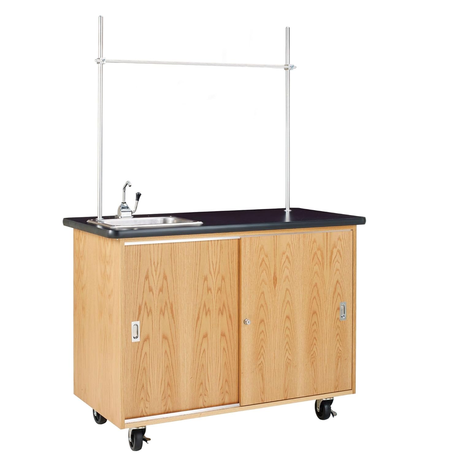 Diversified Spaces Classroom Mobile Lab Demo Cabinet, 48''W x 24''D x 36''H, Oak Construction, GFI Outlet, Stainless Sink, 2 Locking Doors, Display Rods, Castors, Made in The USA