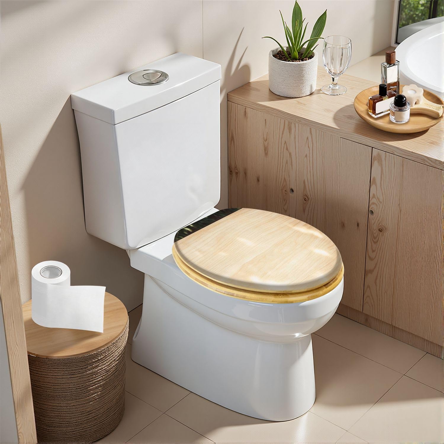 Asiento De Inodoro Alargado De Madera para Baño, Textura De Madera Clara, Tapa De Cierre Suave Y Silencioso, Bisagras De Liberación Rápida con Topes, Fácil De Limpiar E Instalar.