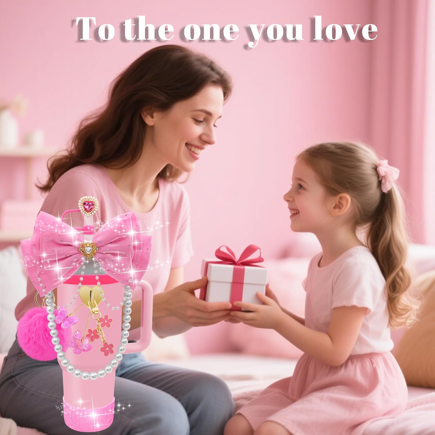 LBU Bling Stanley Cup Accessories for 40/30/20 oz Tumbler with Handle Including Glitter Bow Straw Topper, Heart Straw Cover, Pearl Water Bottle Handle Strap, Boot, Pom-Pom, Keychain Charms(Hot Pink) - Image 3