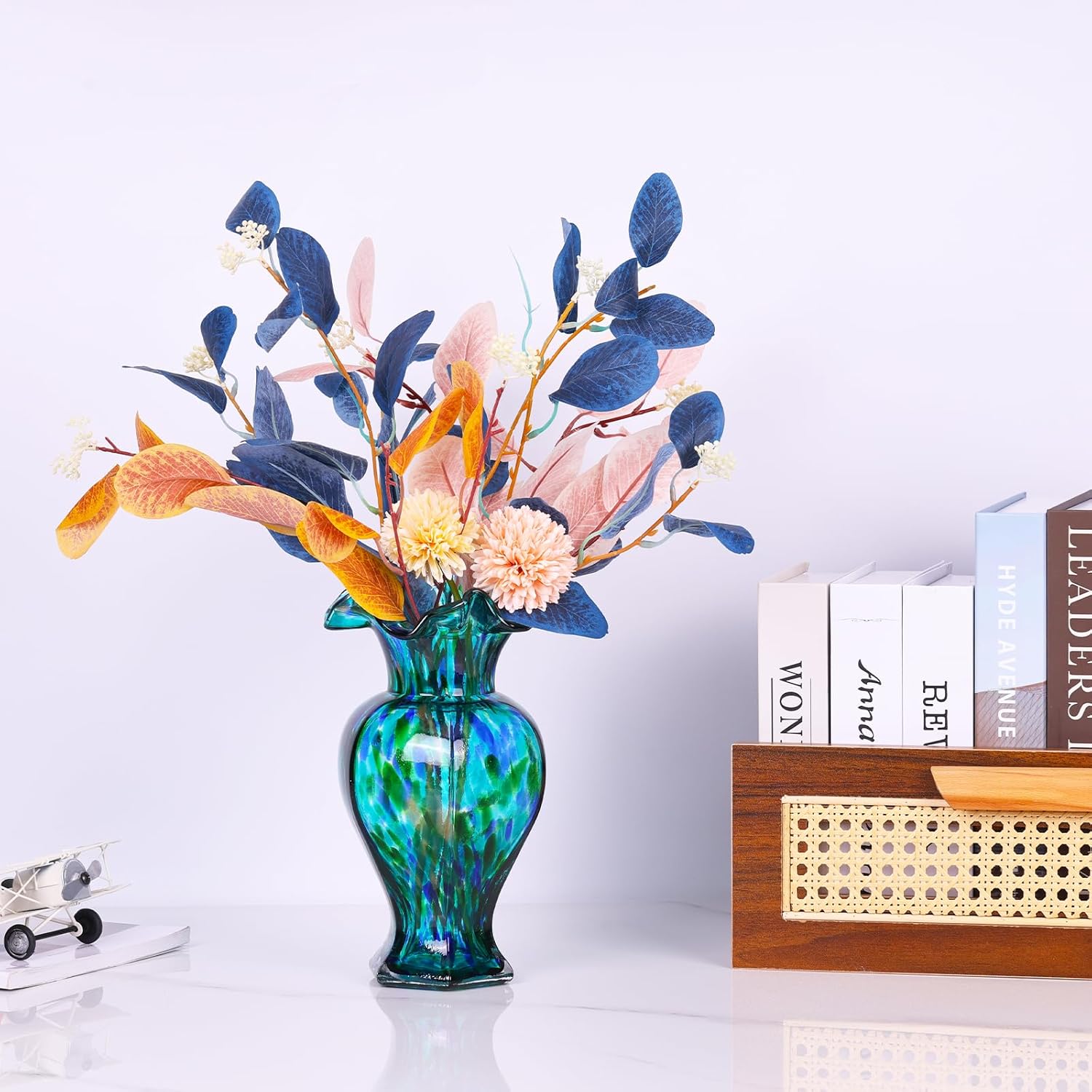 LCCCK 9.5" Tall Teal Blue Glass Vase Beautiful Hand Blown Glass Decor Flowers Vases for Centerpieces, Modern Murano Glassde Art Teal Vase, for Home Decor Table Entryway Wedding Decoration