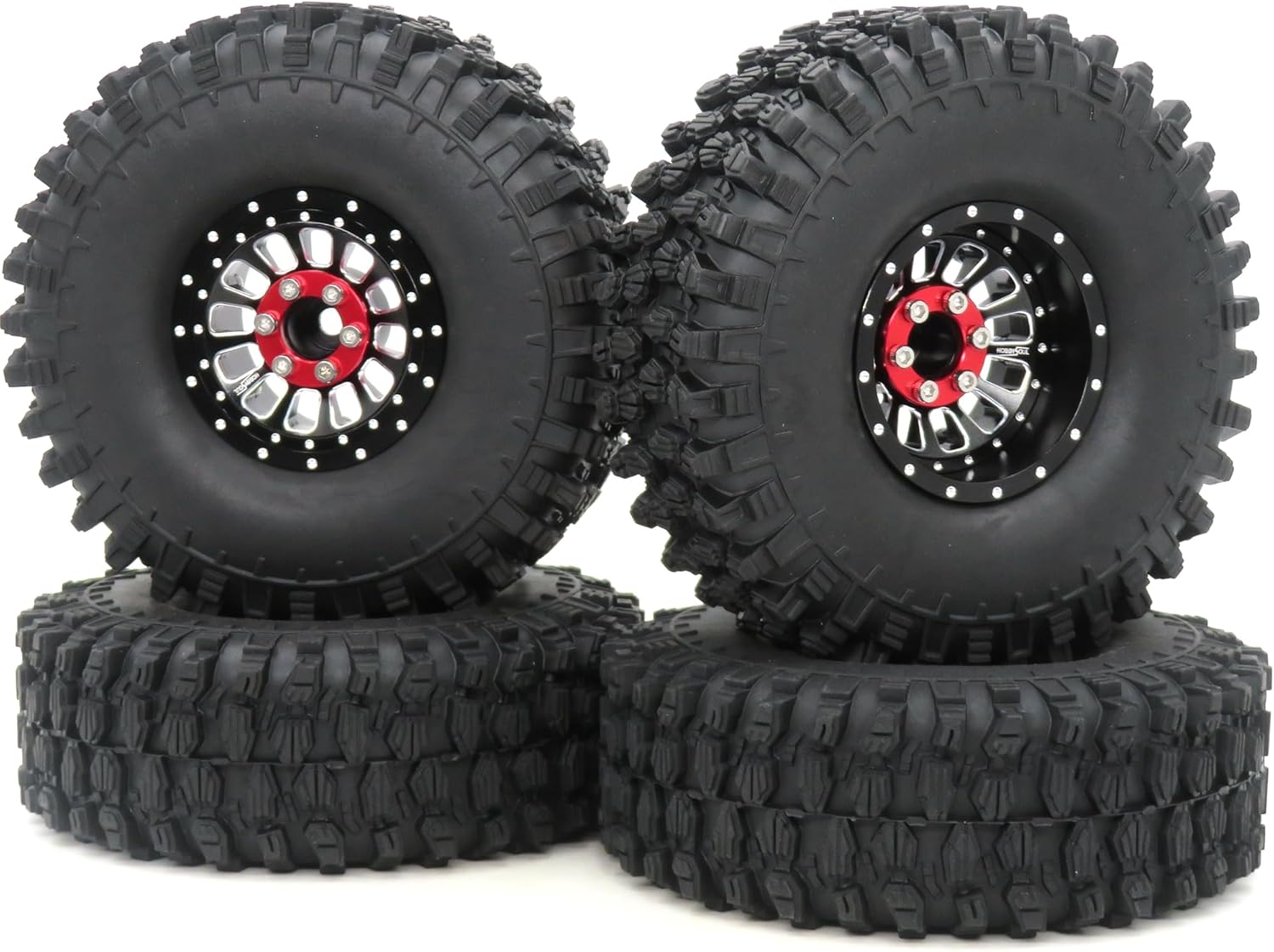 HOBBYSOUL RC 1.9 Tires Height 4.72'' Tyres & Aluminium 1.9 Beadlock Wheels Adjustable 4 Negative Offsets Black Rims For 1:10 Mud Crawler TRX4 SCX10 Gen8,(4-Pack)
