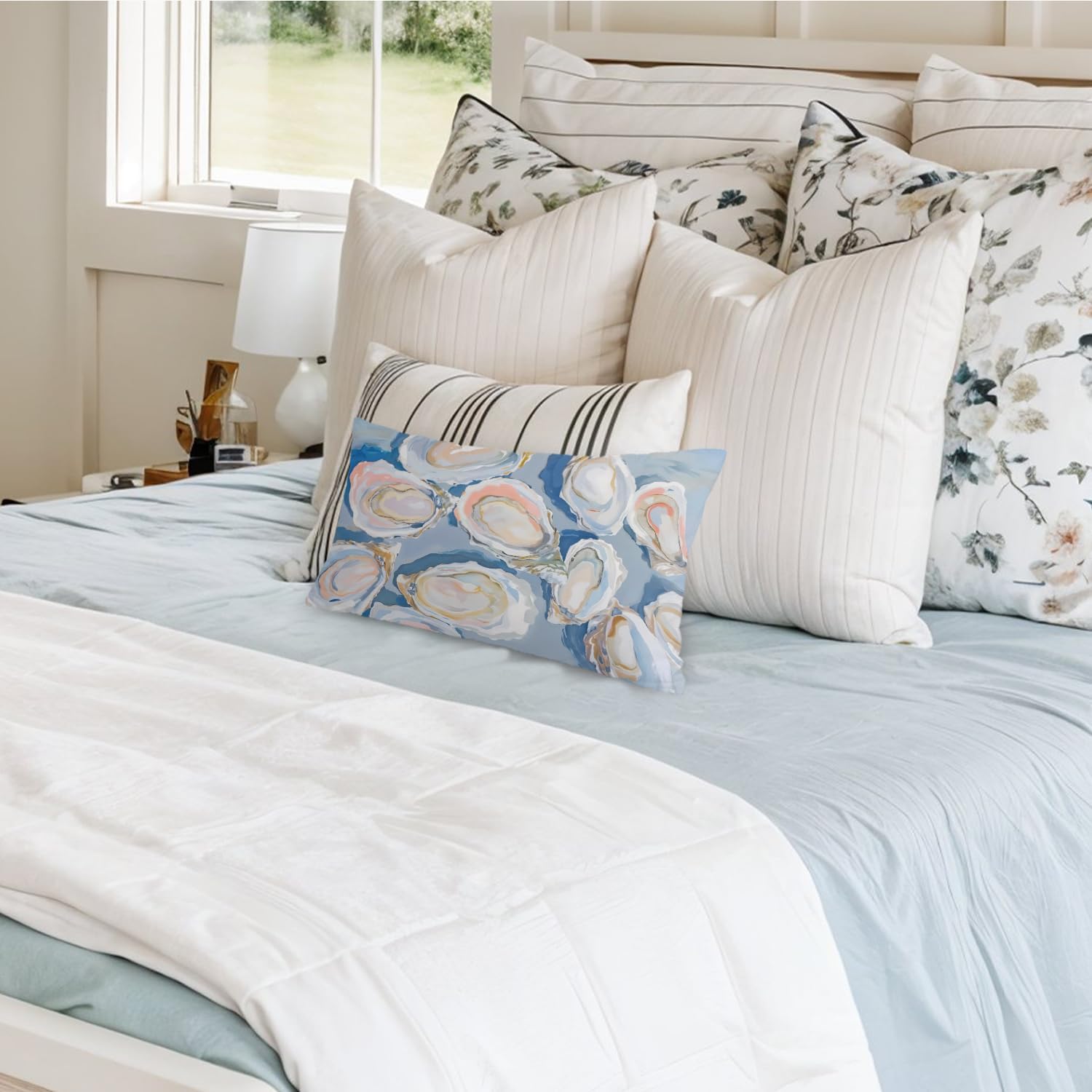 Coastal Beach Room Decor 12x20 Pillow Cover, Coastal Beach Blue Oysters Shell Decorative Lumbar Pillow Covers for Bedroom Living Room Home Dorm Sofa Couch - Image 2