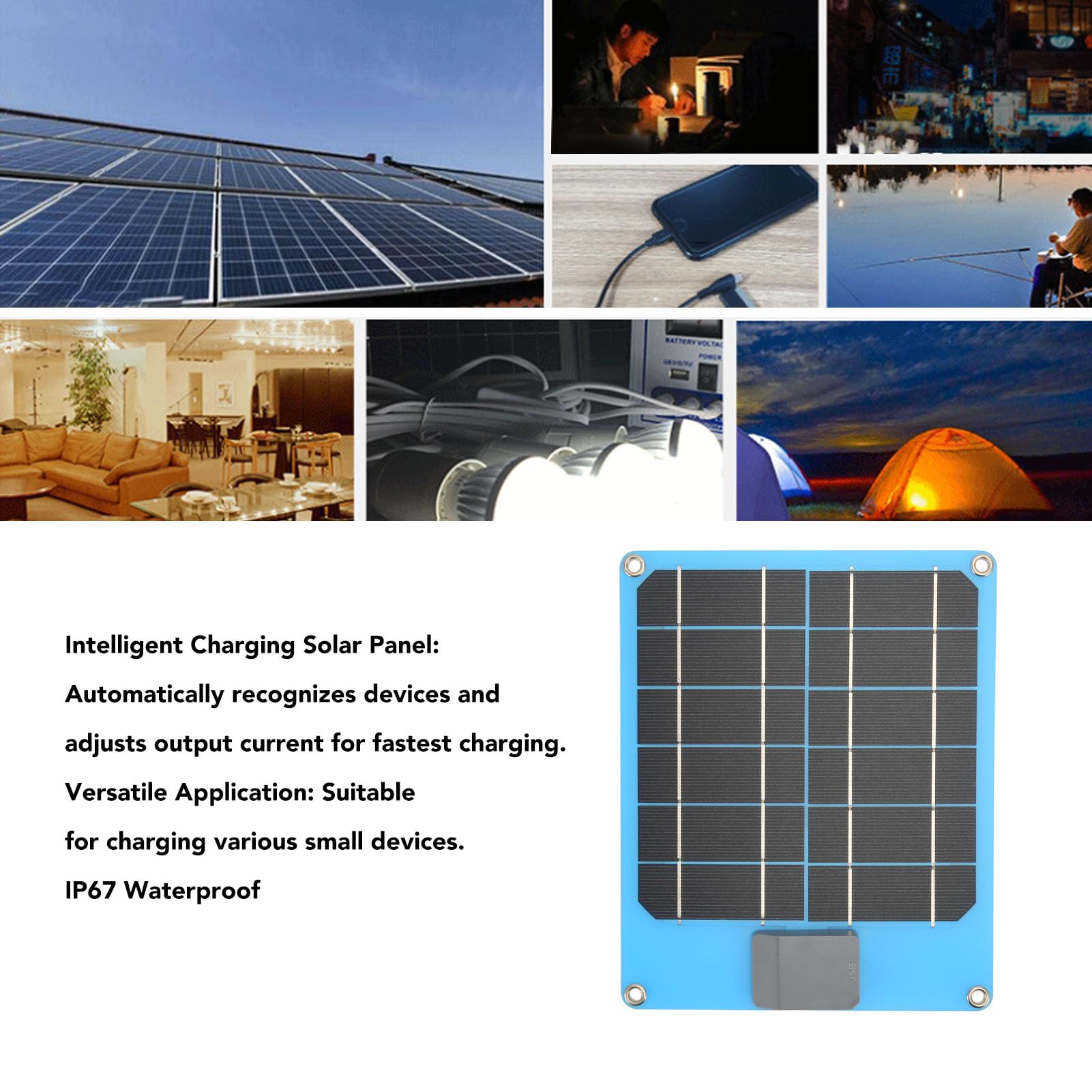 6W 5V USB Solar Panel Monocrystalline Charger for Phone, Lights, Cameras Charging Efficient, Smart, Portable for Camping, Walking (WHITE)