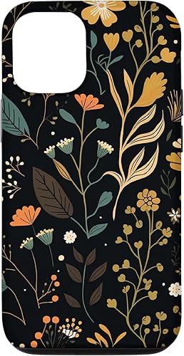 Funda negra para iPhone 1212 Pro con diseño floral, estética, simple, bohemio, moderno, flores botánicas