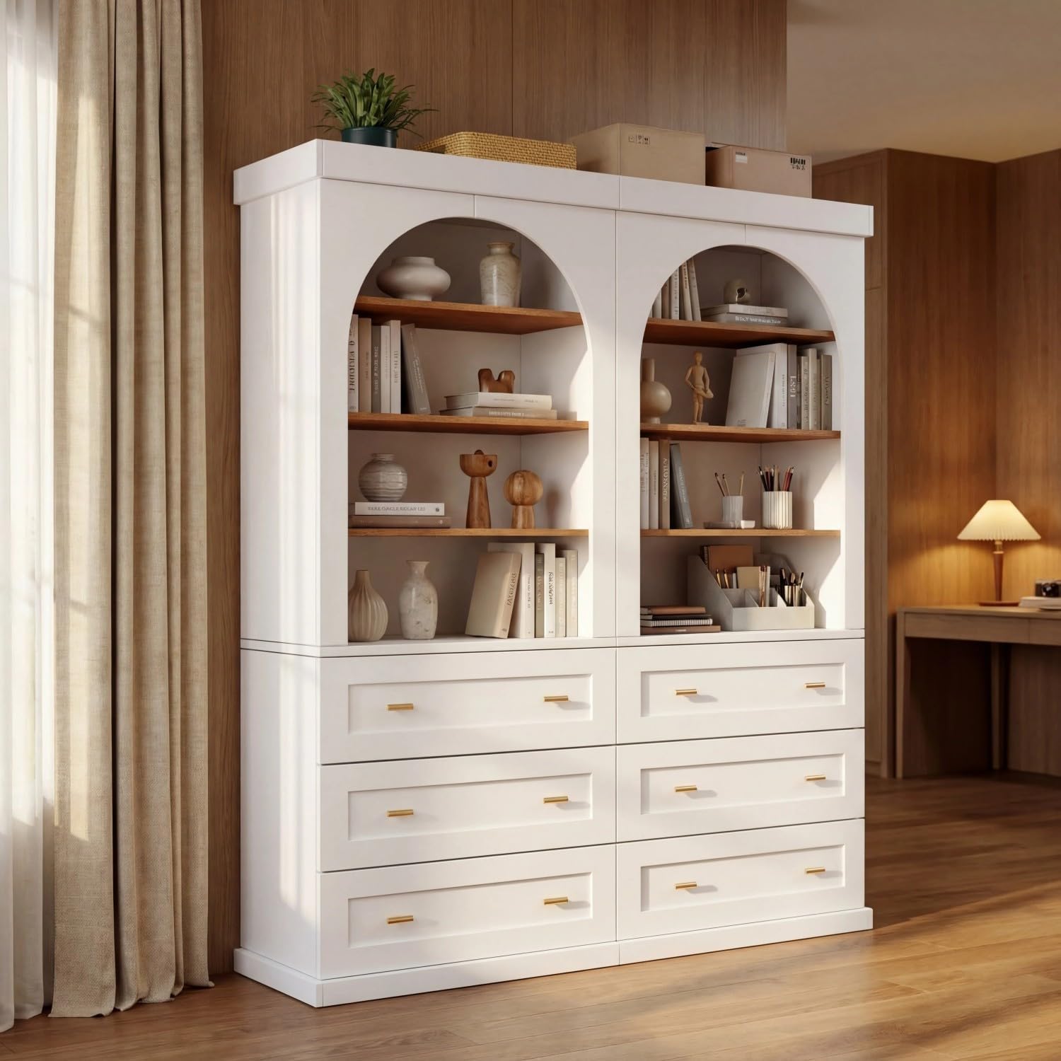 Farmhouse Kitchen Pantry Cabinet Set of 4, 71-Inch Tall Wood Hutch with Glass Doors, Adjustable Shelves & 3 Drawers, Versatile Storage Cabinet for Dining Room, Living Room, White