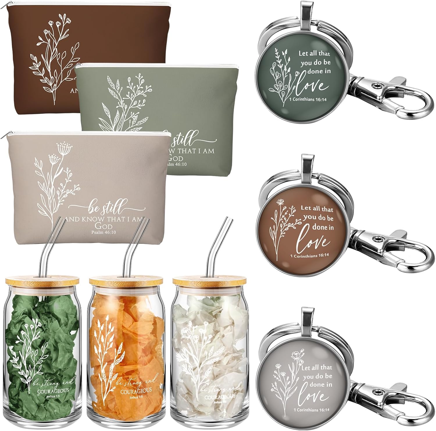 Hoolerry 9 Pcs Christian Gifts Bulk for Women Mother's Day Church Gifts 16oz Bible Verse Glass Cup Motivational Makeup Bag Religious Keychain for Church Favors Sunday School Teacher (Bible)