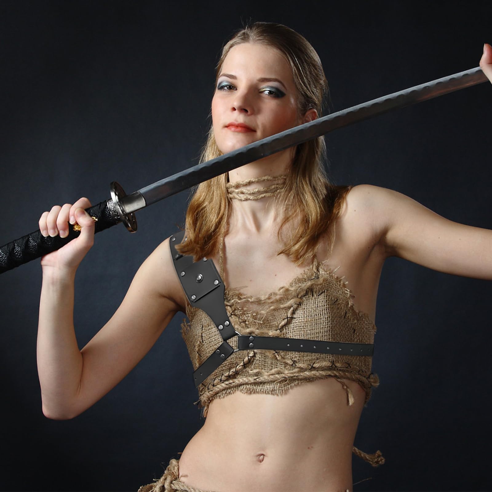 Spada retrò medievale spalle fodero con rana nera regolabile costume guerriero custodia protettiva spada in pelle con fibbia per adulti e uomini porta spada