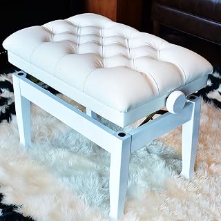 Height Adjustable Piano Bench Stool, All Solid Wood Material, No Irritating Smell, Simple Horseshoe Legs, Suitable for Children and Adults, No Bookcase(60×40×50~60CM, White)