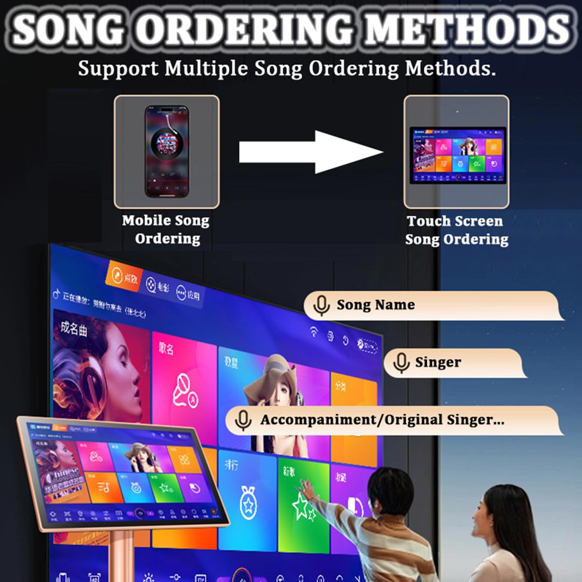Macchina per Karaoke - Telefono Touch Screen da 18,5/22 Pollici KTV Lettore Karaoke per Canto con commutazione in 27 Lingue e modalità Musica Regolabile per Feste in casa,22inch-2TB