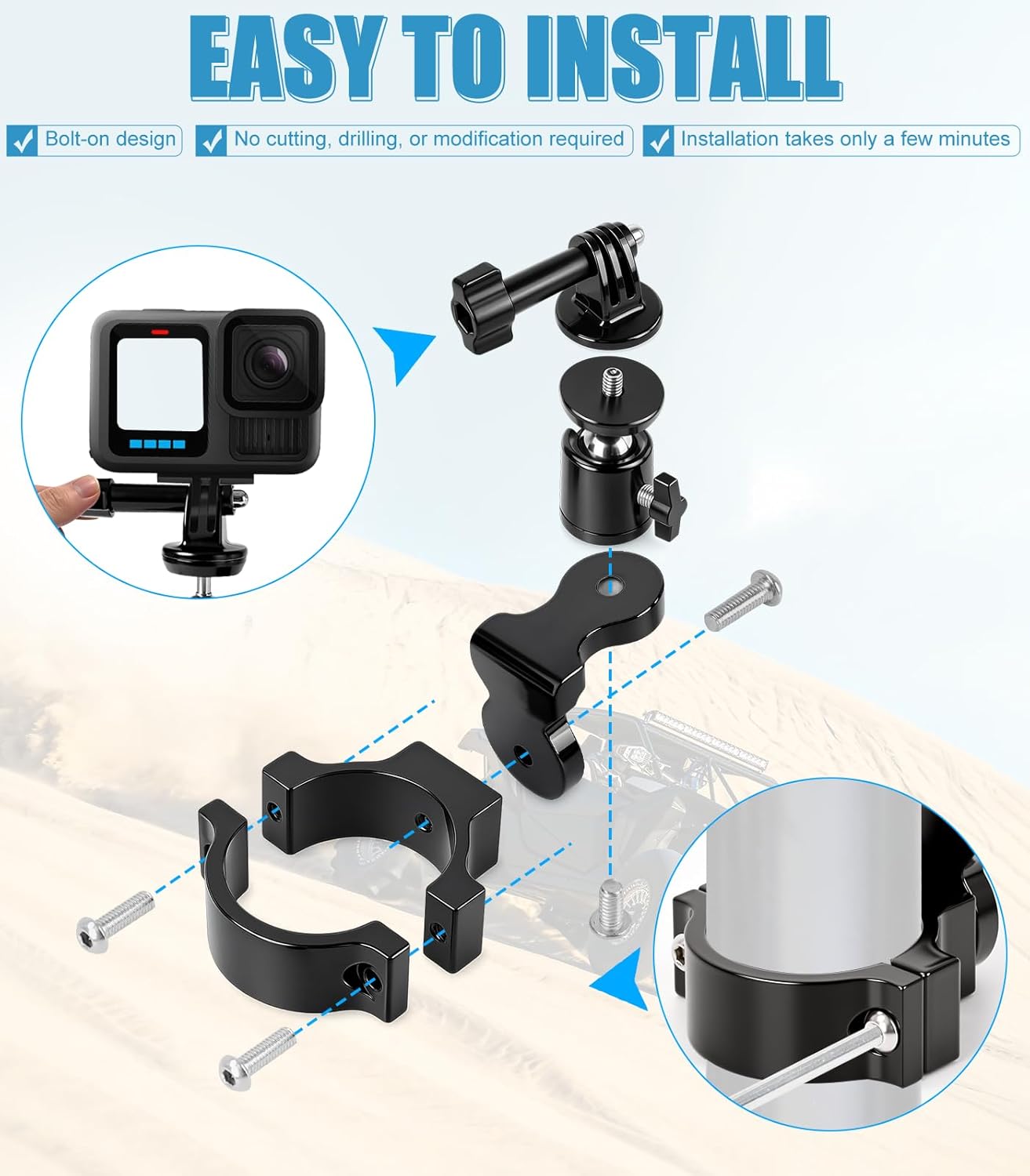 UTV Aluminum Action Camera Clamp Mount Holder Fits for GoPro Hero 13 12 11 10 9 8 7 6 5 4 3 DJI Osmo Arlo Akaso EK7000 Insta360 Cams, 1-2" Roll Bar Clamps for SXS Polaris Ranger Can-Am CF Moto