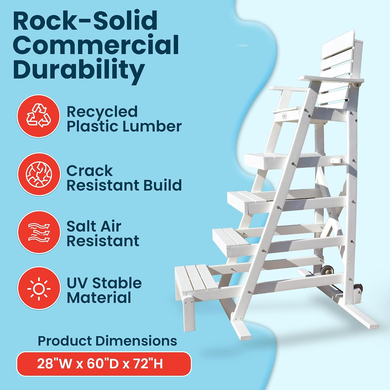Aquamentor Lifeguard Chair for Pool, Lake and Beach, 72 Inch Tall Outdoor Lifeguard Chair Made in The USA, Recycled Plastic Lumber, with Wide Steps and Arm Rests, Waterproof Long Service Life, 72"