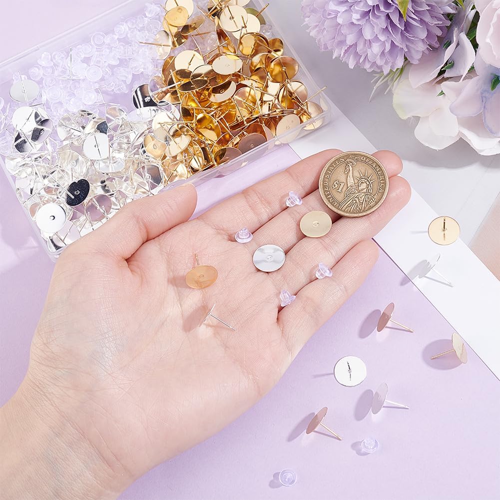 Beebeecraft 1 Box 200Pcs Flat Pad Earring Studs 24K Gold & 925 Sterling Silver Plated 304 Stainless Steel Earring Posts for Jewelry Making DIY Stud Earrings Supplies (Tray: 12mm)