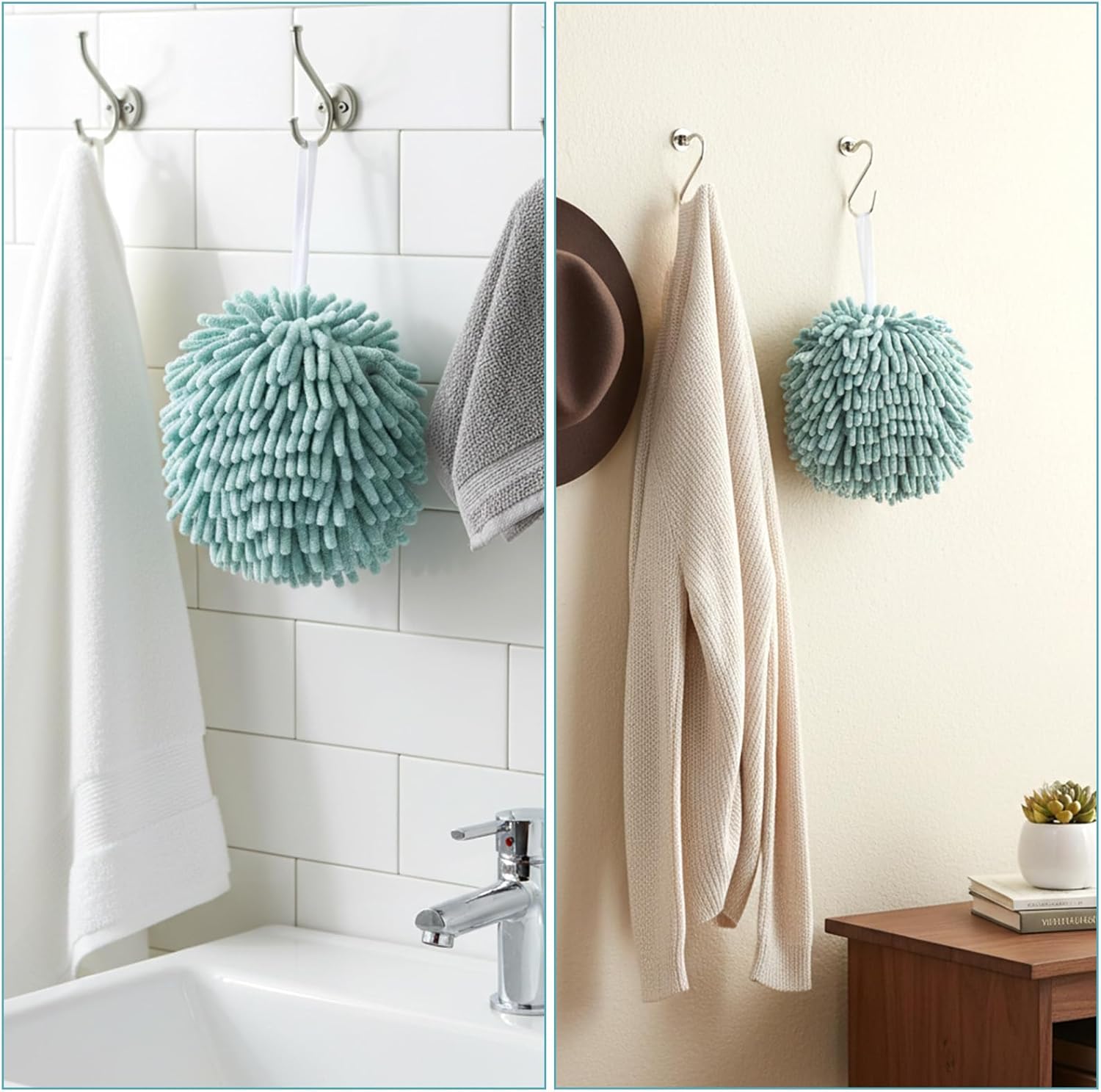 12 Pcs Fuzzy Ball Towel, Chenille Hand Towel Absorbent Fast Drying Hand Drying Puff with Loop Creative Bath Towels Set for Bathroom, 6 Colors