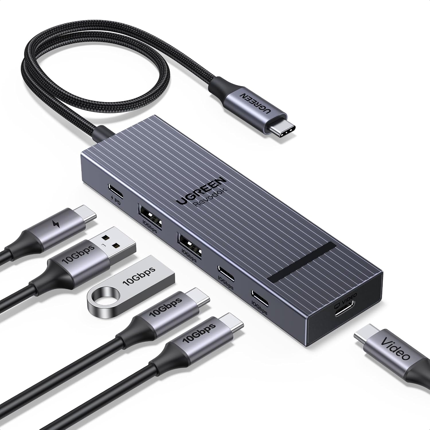 Revodok USB-C Hub 4K@60Hz Video Adapter | Dual USB-A + dual USB-C, supports portable monitors, AR glasses, MacBook, iPad Pro, Steam Deck