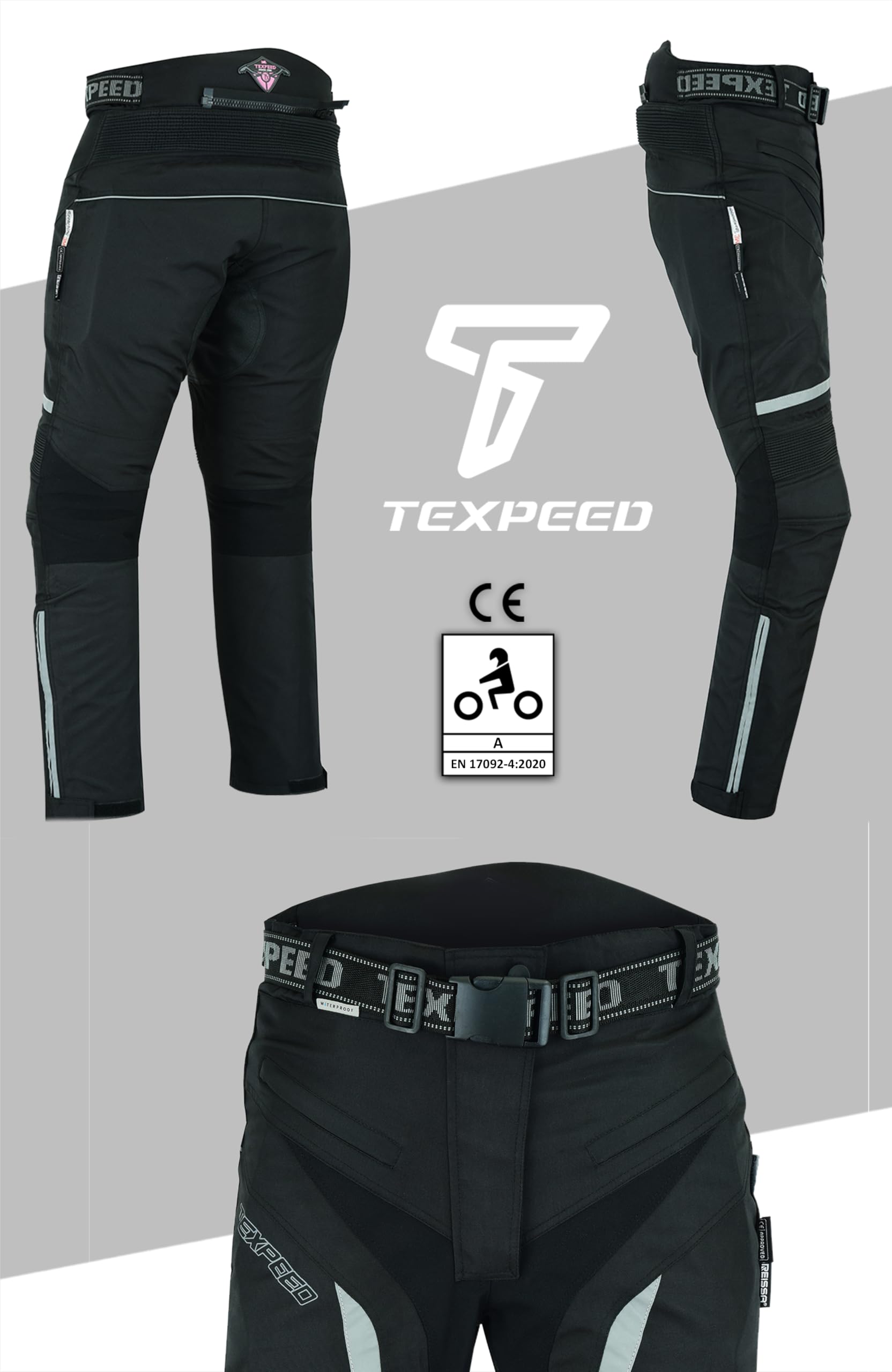 Texpeed Pantalones de moto mujer con protecciones - Impermeable scooter textil para verano o invierno - Armadura certificado CE (EN 1621-1) Proteccion Negro - 7XL Cintura/Pierna Regular