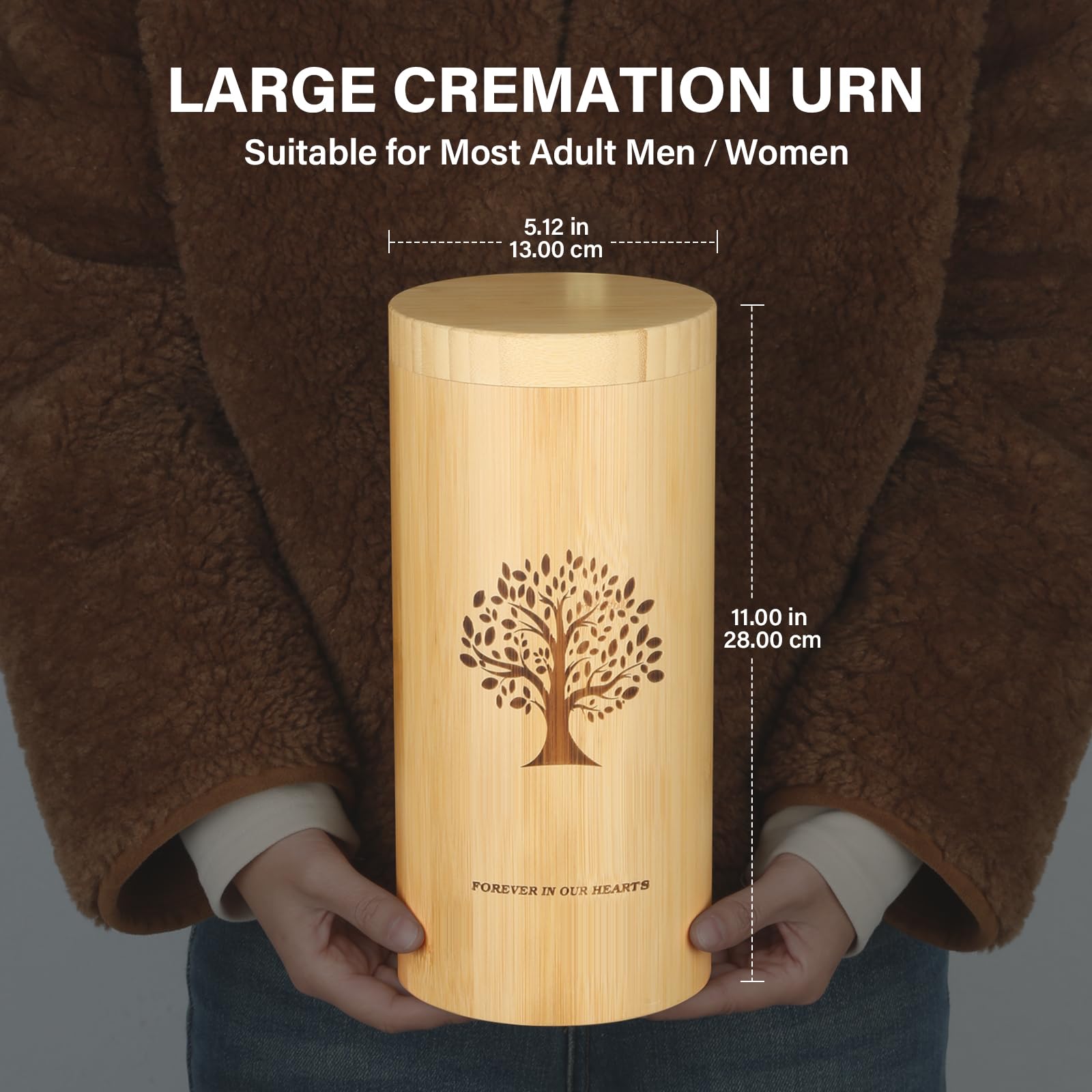 Urnas Grandes para Cenizas humanas con Tapa de Rosca, urnas de cremación de bambú para Cenizas Adultos,Urna para esparcir cenizas con patrón de árbol de la Vida,13*28cm,con bolsa con cordón