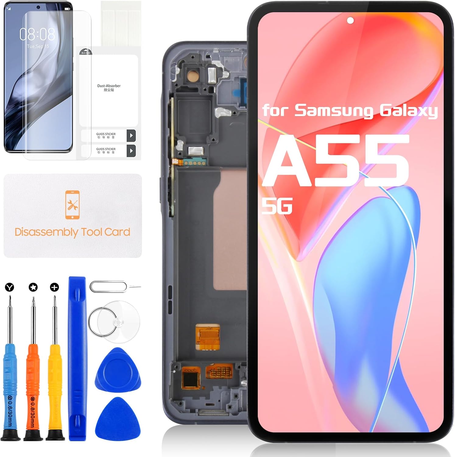 OLED for Samsung Galaxy A55 5G A556 LCD Screen Replacement - for Galaxy A55 5G LCD Digitizer Touchscreen A556B SM-A556B/DS SM-A556E Glass Sensor Assembly Kits (with Frame, Support Fingerprint)