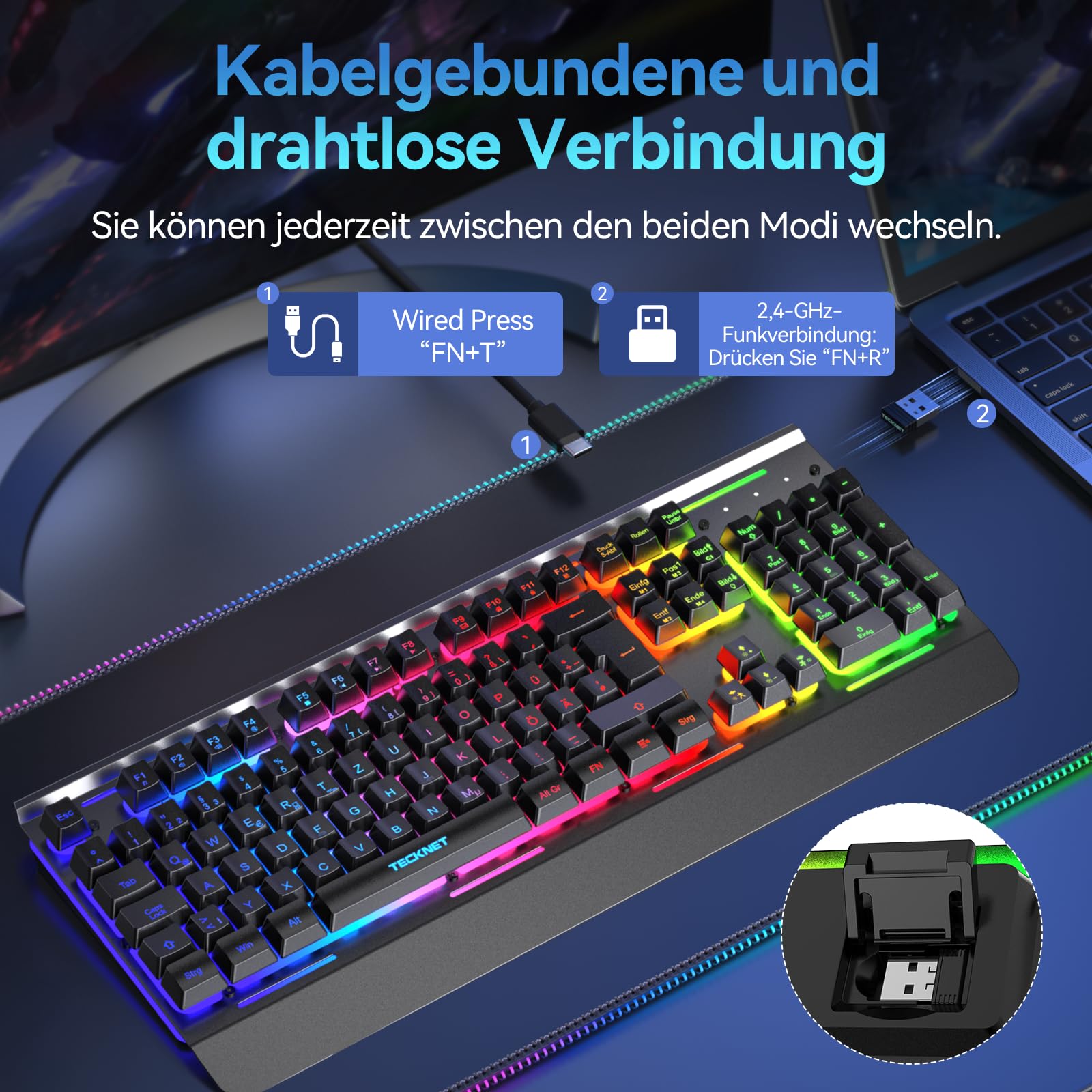 TECKNET Gaming-Tastatur Kabellos, QWERTZ-Tastatur (Deutsches Layout), Membran Tastatur mit 105 Tasten, Vollmetall-Pane, RGB Beleuchtung, Handgelenkauflage, 25 Anti-Ghosting-Tasten für Gamer & Büro