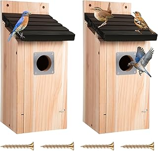 Dreyoo Cedar Bluebird Box Houses for Outside, 1-1/2'' Entrance Hole Wooden Bird Houses with Metal Guard, Secure Latch, Fledgling Grooves, Air Vents for Bluebird Wren Swallow(2 Pack)
