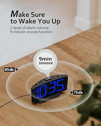 Miniatura 5 de GOLOZA Reloj despertador digital para dormitorios, reloj digital con diseño curvo moderno, números LED azules llamativos, 5 niveles de