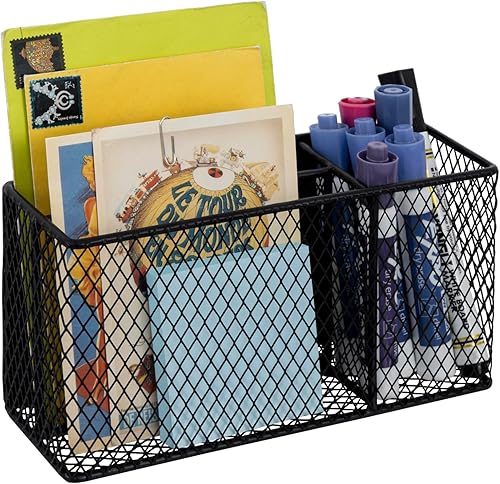 MyGift Organizador de 3 compartimentos de malla de metal negro mate magnético moderno, organizador de artículos de papelería de oficina con vaso
