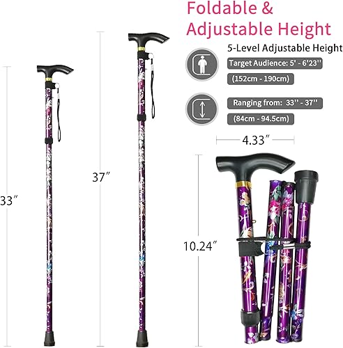 Miniatura 2 de Bastón plegable, altura ajustable de 5 niveles, ligero, portátil, plegable, bastones para caminar con correa para la muñeca y mango en T para