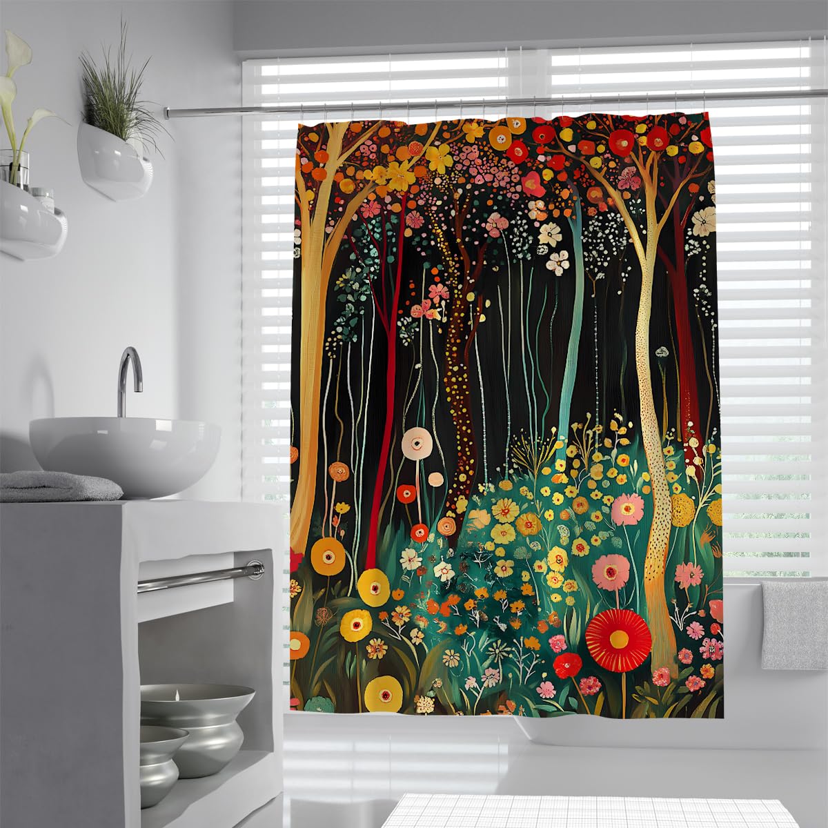 OLLIAR Home Colorful Shower Curtain Magical Fairy Forest Tree Oil Painting Style Whimsical Flower Garden Polyester Fabric Shower Curtains for Bathroom Decor 220x200cm