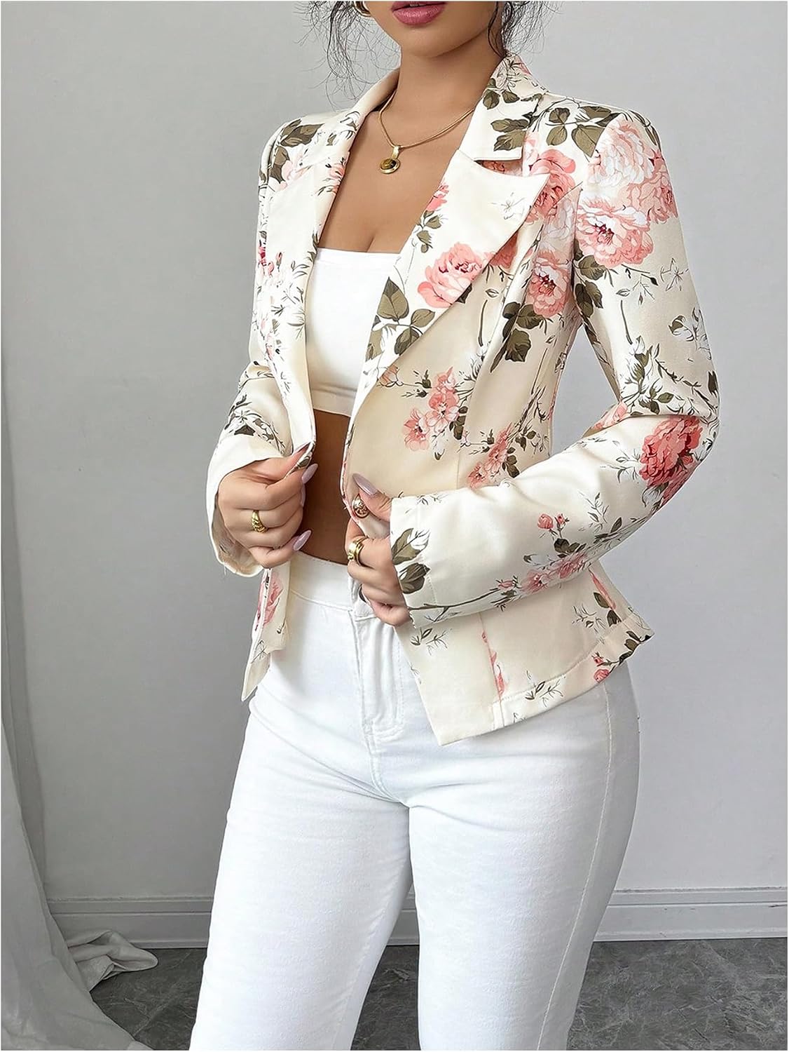 Floerns Women's Floral Long Sleeve Work Blazers Elegant Button Lapel Collar Dressy Casual Suit Jacket