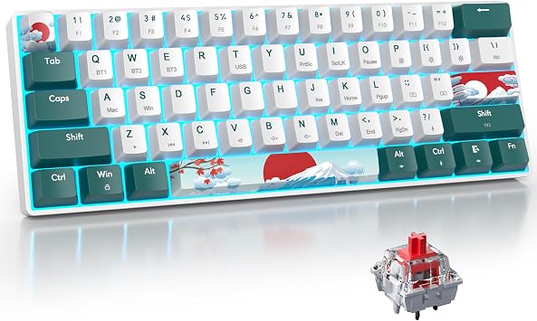 surmen Wireless Keyboard 60% Gaming Keyboard 60 Percent, Hot Swappable RGB Mini Bluetooth BT5.0/USB-C Mechanical Keyboard with Software for Windows Mac Laptop Gateron Red, Green 61