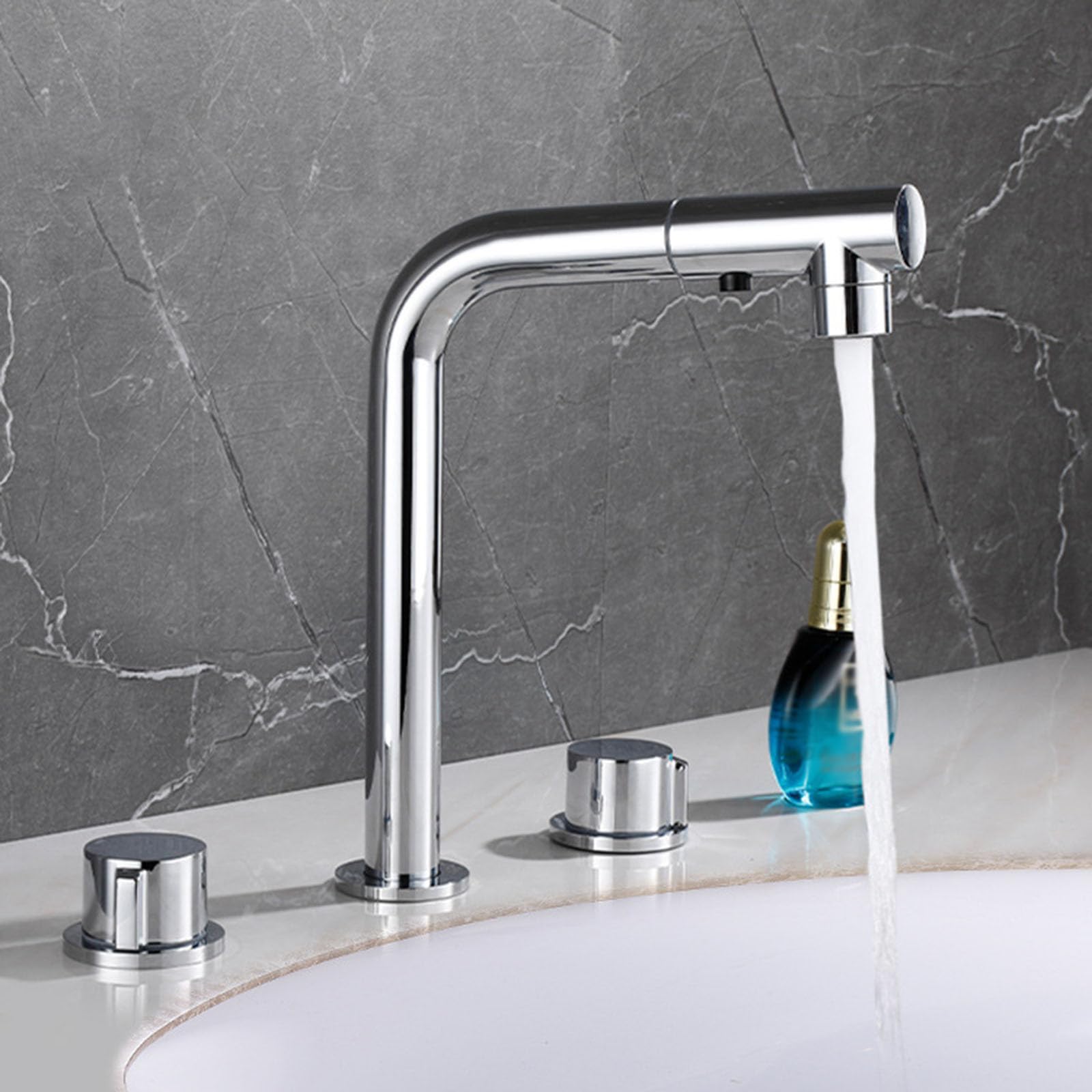 Miscelatore Lavabo Bagno 3 Fori Rubinetto con Doccetta Estraibile 2 Modalità Miscelatore Acqua Calda Fredda,cromato